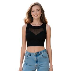 GUESS Los Angeles Black Netting Panel Cropped Top Y2K Vintage Size Small